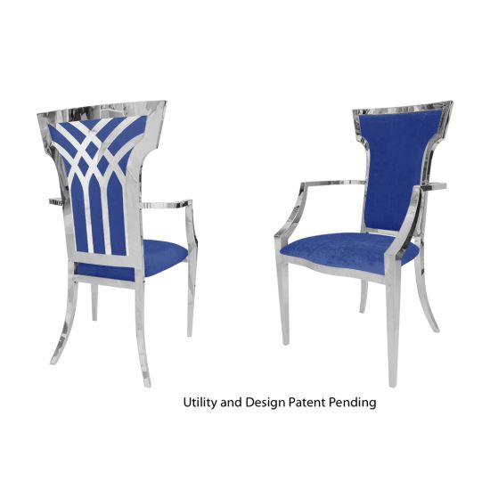 Silver stainless-steel armchair with royal-blue upholstered seat and back, high backrest and armrests elegant banquet or event dining chair.