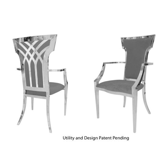 Silver stainless-steel armchair with silver upholstered seat and back, high backrest and armrests elegant banquet or event dining chair.