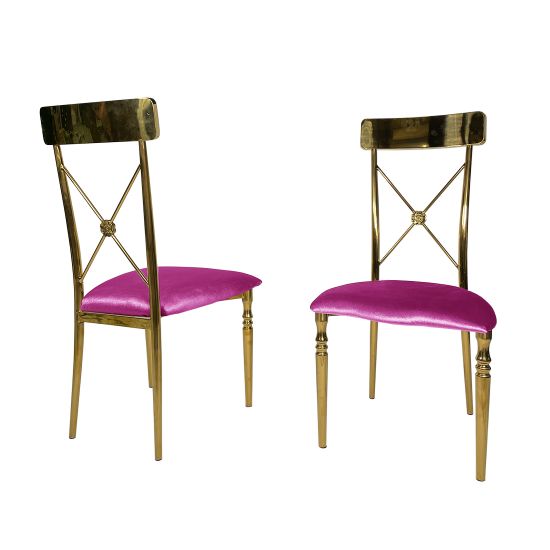 Gold Athena event dining chair with Magenta velvet seat cushion and matching backrest