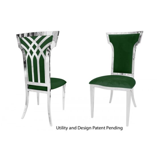 Silver metal Celine banquet chair with Emerald Green upholstered seat cushion for luxury event seating
