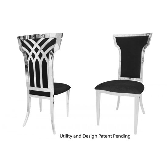 Silver metal Celine banquet chair with black upholstered seat cushion for luxury event seating