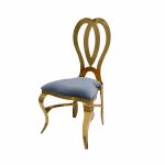 Gold metal event chair with heart-shaped double-oval backrest and Dusty Blue upholstered seat cushion