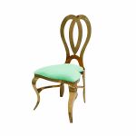 Gold metal event chair with heart-shaped double-oval backrest and Mint upholstered seat cushion