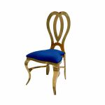 Gold metal event chair with heart-shaped double-oval backrest and Royal Blue upholstered seat cushion