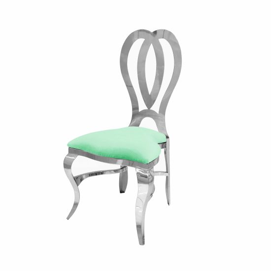 Silver metal event chair with heart-shaped double-oval backrest and Mint upholstered seat cushion