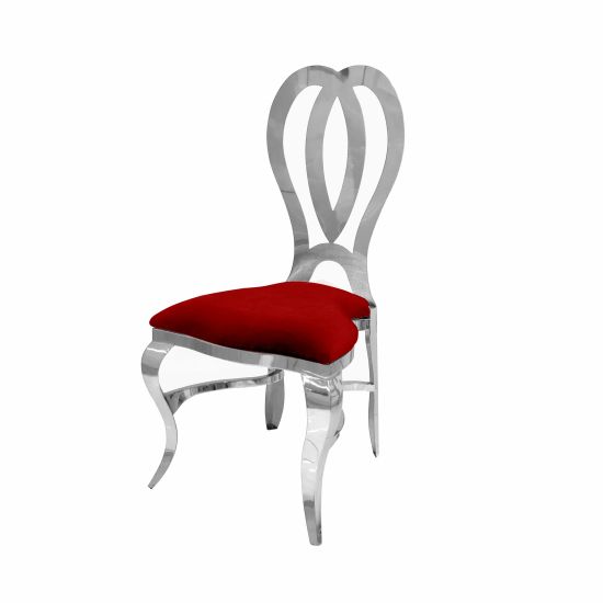 Silver metal event chair with heart-shaped double-oval backrest and Red upholstered seat cushion
