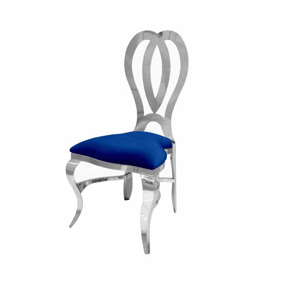 Silver metal event chair with heart-shaped double-oval backrest and Royal Blue upholstered seat cushion