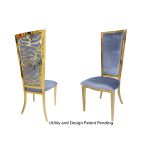 Gold metal “Rosana Chair” event dining chair with sleek gold frame and Dusty Blue cushion seat, designed for luxury wedding or gala seating.