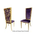 Gold metal “Rosana Chair” event dining chair with sleek gold frame and Eggplant  cushion seat, designed for luxury wedding or gala seating.