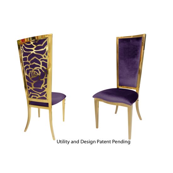 Gold metal “Rosana Chair” event dining chair with sleek gold frame and Eggplant  cushion seat, designed for luxury wedding or gala seating.