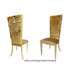Gold metal “Rosana Chair” event dining chair with sleek gold frame and Gold cushion seat, designed for luxury wedding or gala seating.