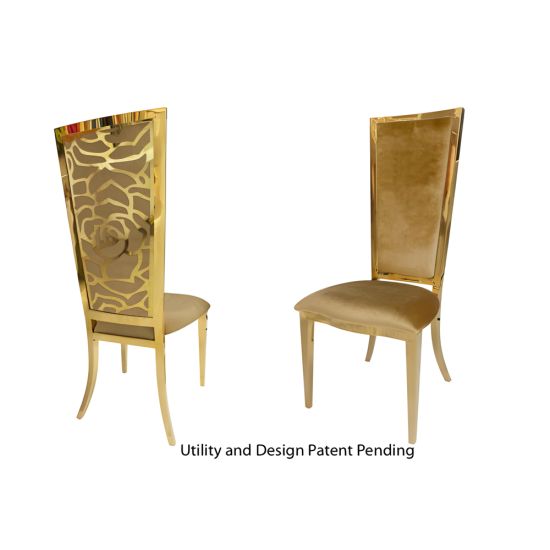 Gold metal “Rosana Chair” event dining chair with sleek gold frame and Gold cushion seat, designed for luxury wedding or gala seating.