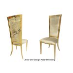 Gold metal “Rosana Chair” event dining chair with sleek gold frame and Ivory cushion seat, designed for luxury wedding or gala seating.