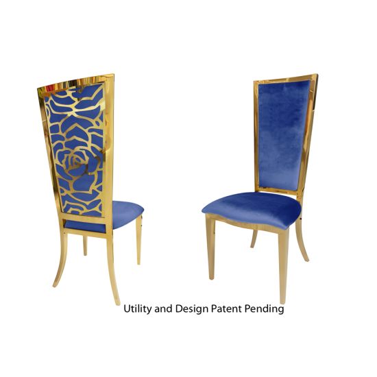 Gold metal “Rosana Chair” event dining chair with sleek gold frame and Royal Blue cushion seat, designed for luxury wedding or gala seating.