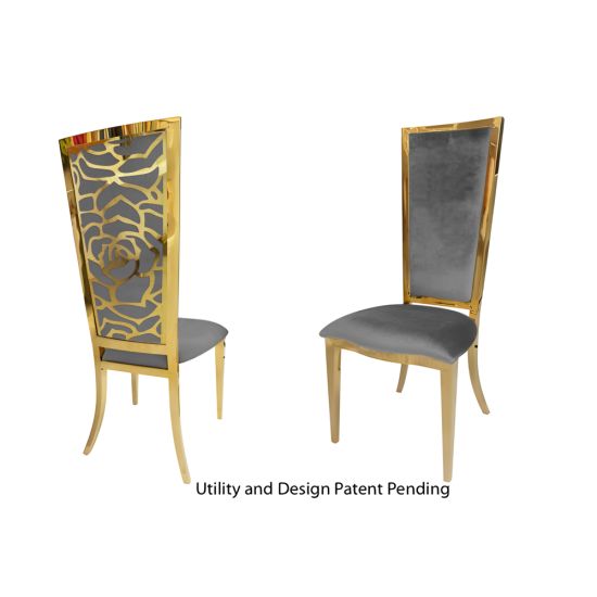 Gold metal “Rosana Chair” event dining chair with sleek gold frame and Silver cushion seat, designed for luxury wedding or gala seating.