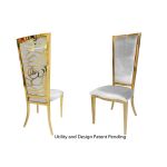 Gold metal “Rosana Chair” event dining chair with sleek gold frame and White cushion seat, designed for luxury wedding or gala seating.