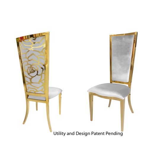 Gold metal “Rosana Chair” event dining chair with sleek gold frame and White cushion seat, designed for luxury wedding or gala seating.