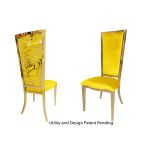 Gold metal “Rosana Chair” event dining chair with sleek gold frame and Yellow cushion seat, designed for luxury wedding or gala seating.