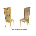 Gold metal “Rosana Chair” event dining chair with sleek gold frame and Champagne cushion seat, designed for luxury wedding or gala seating.