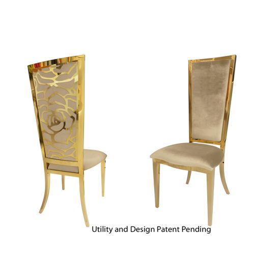 Gold metal “Rosana Chair” event dining chair with sleek gold frame and Champagne cushion seat, designed for luxury wedding or gala seating.