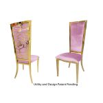 Gold metal “Rosana Chair” event dining chair with sleek gold frame and Light Pink cushion seat, designed for luxury wedding or gala seating.
