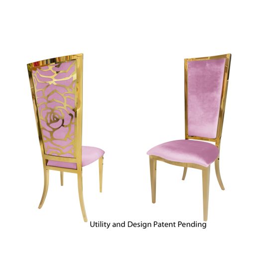 Gold metal “Rosana Chair” event dining chair with sleek gold frame and Light Pink cushion seat, designed for luxury wedding or gala seating.