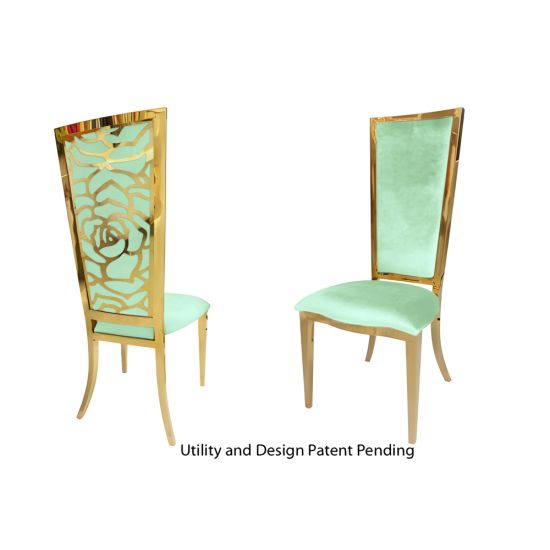 Gold metal “Rosana Chair” event dining chair with sleek gold frame and Mint cushion seat, designed for luxury wedding or gala seating.