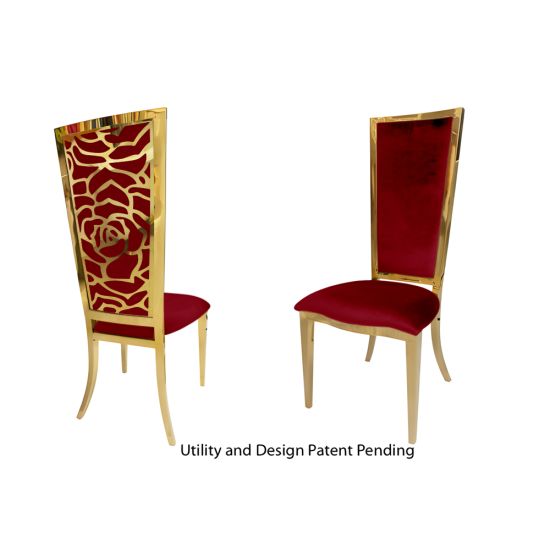 Gold metal “Rosana Chair” event dining chair with sleek gold frame and Red cushion seat, designed for luxury wedding or gala seating.