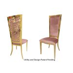 Gold metal “Rosana Chair” event dining chair with sleek gold frame and Rose Gold cushion seat, designed for luxury wedding or gala seating.