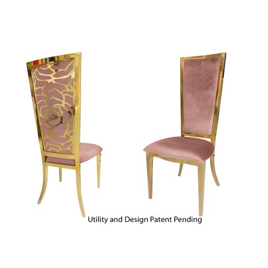 Gold metal “Rosana Chair” event dining chair with sleek gold frame and Rose Gold cushion seat, designed for luxury wedding or gala seating.