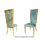 Gold metal “Rosana Chair” event dining chair with sleek gold frame and Tiffany Blue cushion seat, designed for luxury wedding or gala seating.