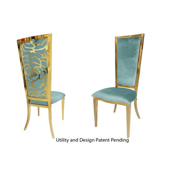 Gold metal “Rosana Chair” event dining chair with sleek gold frame and Tiffany Blue cushion seat, designed for luxury wedding or gala seating.