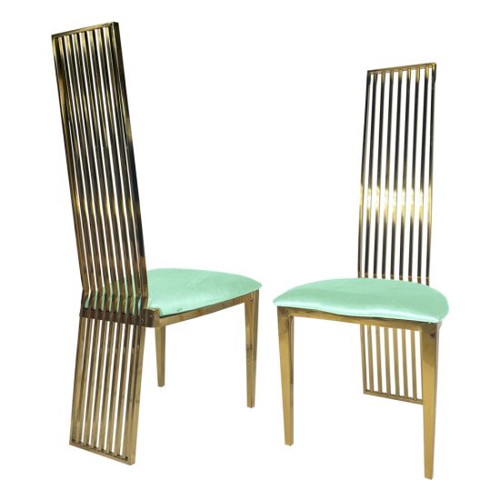 Tall gold metal event chair with vertical slat high back and Mint cushioned seat, modern luxury seating ideal for weddings and upscale receptions.