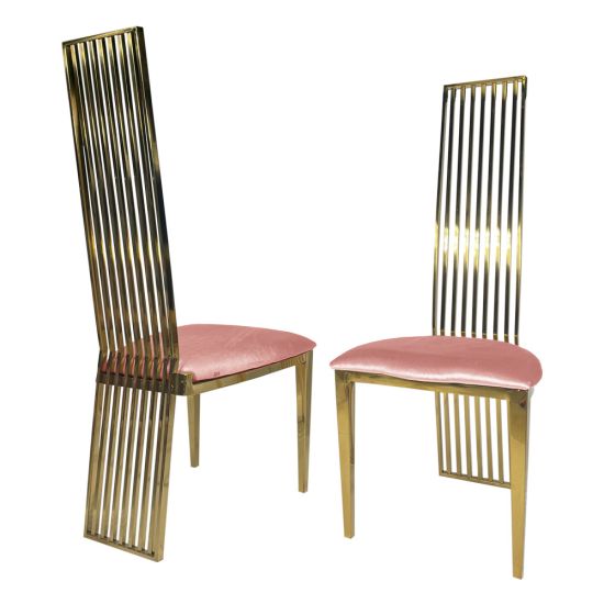 Tall gold metal event chair with vertical slat high back and Rose Gold  cushioned seat, modern luxury seating ideal for weddings and upscale receptions.
