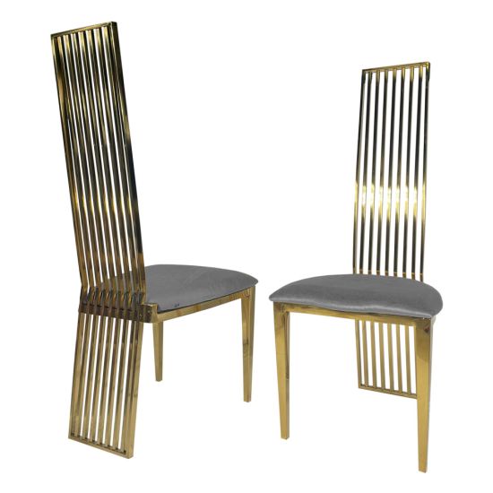 Tall gold metal event chair with vertical slat high back and Silver cushioned seat, modern luxury seating ideal for weddings and upscale receptions.