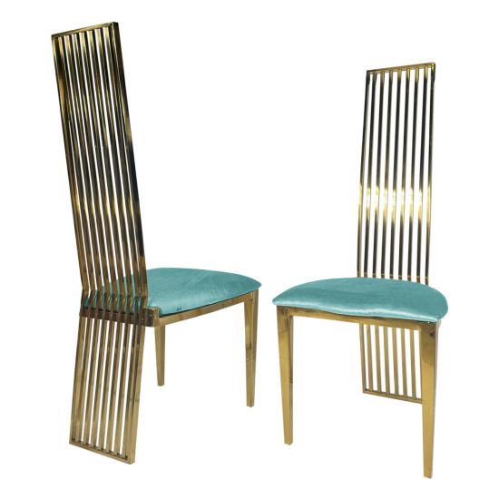 Tall gold metal event chair with vertical slat high back and Tiffany Blue cushioned seat, modern luxury seating ideal for weddings and upscale receptions.