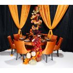 Black-leg Isabello chair with orange velvet cushioned seat and tall modern backrest, premium event dining seating