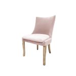 Isabella dining chair with rose gold upholstered seat and curved high back, natural wood legs, modern seating for weddings, parties, and events.