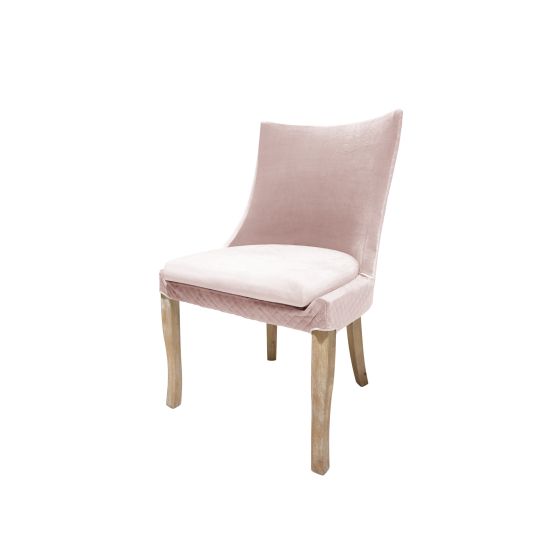 Isabella dining chair with rose gold upholstered seat and curved high back, natural wood legs, modern seating for weddings, parties, and events.