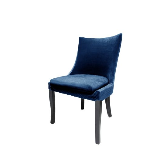 Black-leg Isabello chair with Royal Blue velvet cushioned seat and tall modern backrest, premium event dining seating
