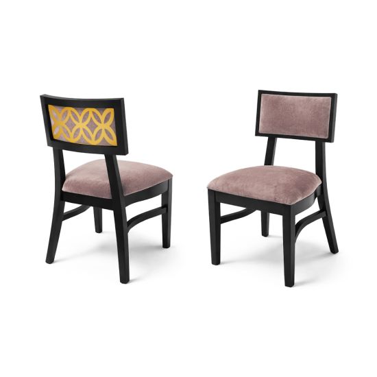 Sedia Moderna black dining chair with gold geometric backrest detail, upholstered dark fabric seat and solid black wood frame