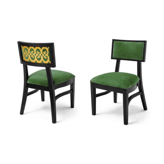 Sedia Nova black chair with gold scroll backrest detail and black upholstered seat, modern wood frame for luxury event seating