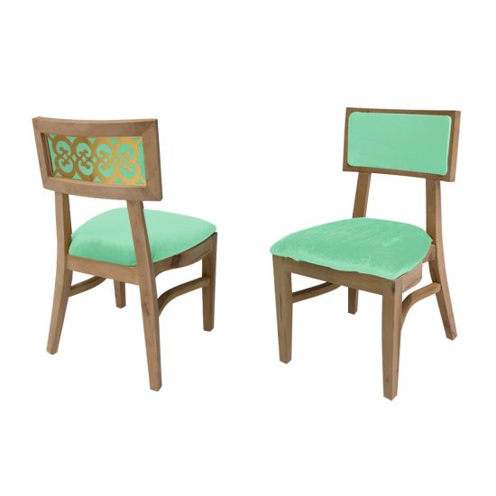 gold-finish Sedia Nova Natural event dining chair with Mint upholstered seat cushion