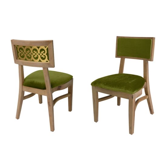 gold-finish Sedia Nova Natural event dining chair with Moss upholstered seat cushion