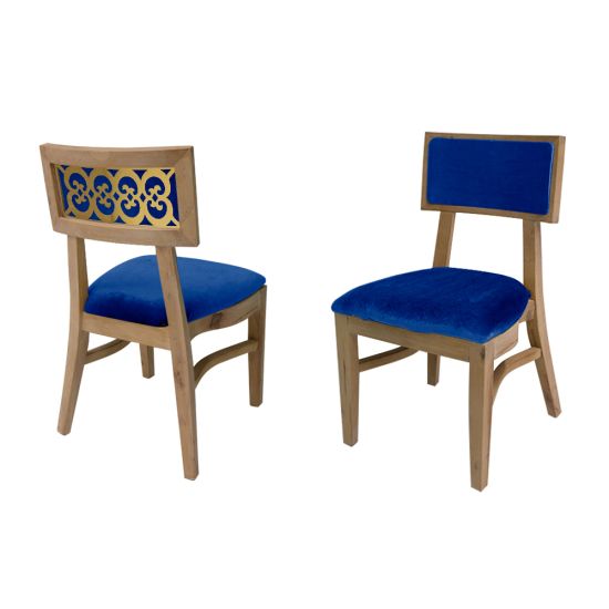 gold-finish Sedia Nova Natural event dining chair with Royal Blue upholstered seat cushion