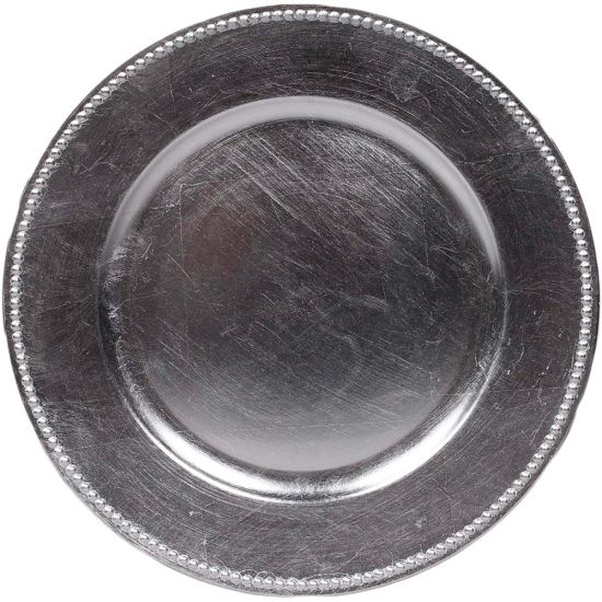 Silver beaded rim charger plate with metallic sheen and raised beaded edge, classic charger for weddings and formal event tables