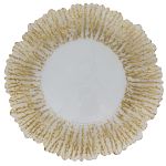 Clear glass charger plate with gold flower-style rim and scalloped edge, elegant statement charger for weddings and upscale events