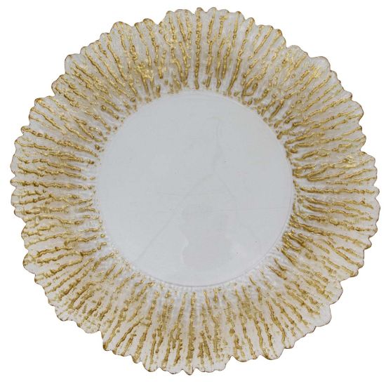Clear glass charger plate with gold flower-style rim and scalloped edge, elegant statement charger for weddings and upscale events