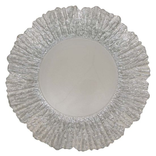 Pearl silver deniz flower charger plate with radiating textured rim and smooth center, elegant metallic-look charger for upscale event tables