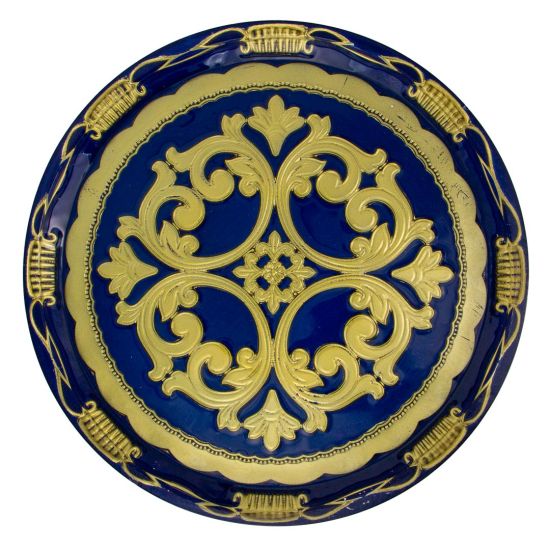 Royal blue florentine charger plate with ornate gold scroll medallion and detailed rim, bold luxury charger for weddings and galas